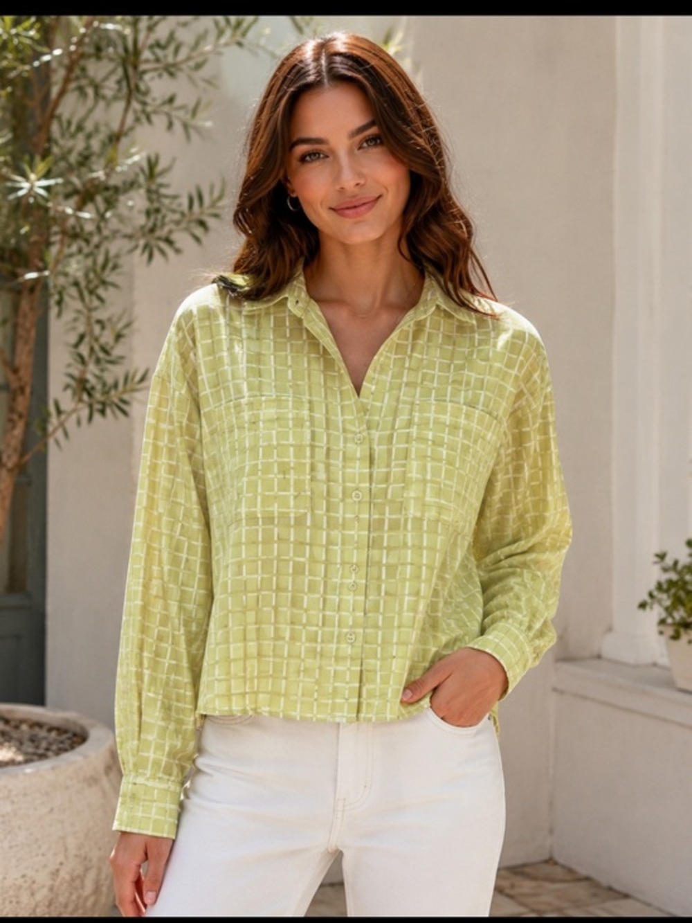 Bailey Rose Lime Green Windowpane Plaid Button-Up Shirt Boxy Cropped Blouse